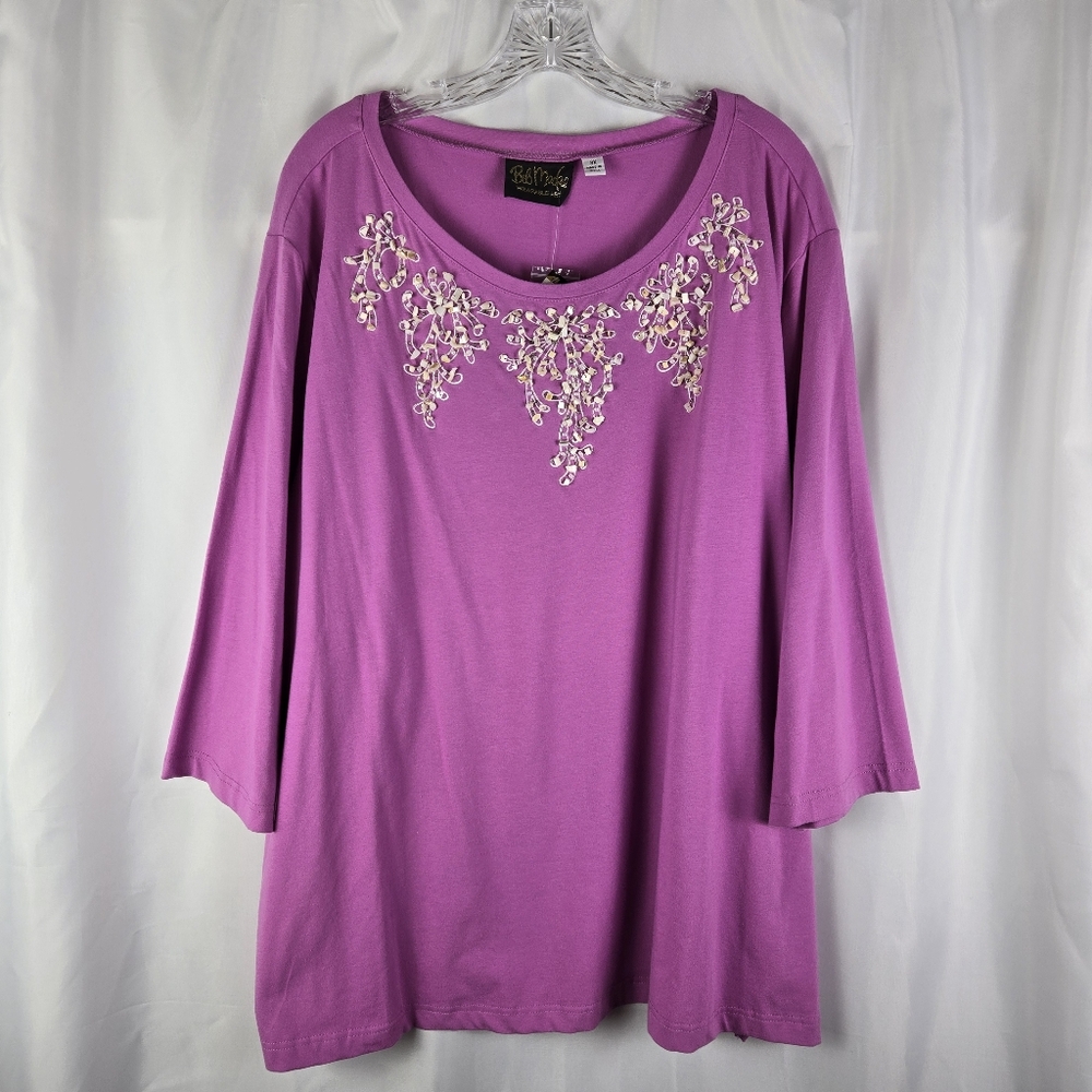 NEW Bob Mackie Wearable Art Pink Polished Stone Beadeded Tunic Top Plus Size 3X